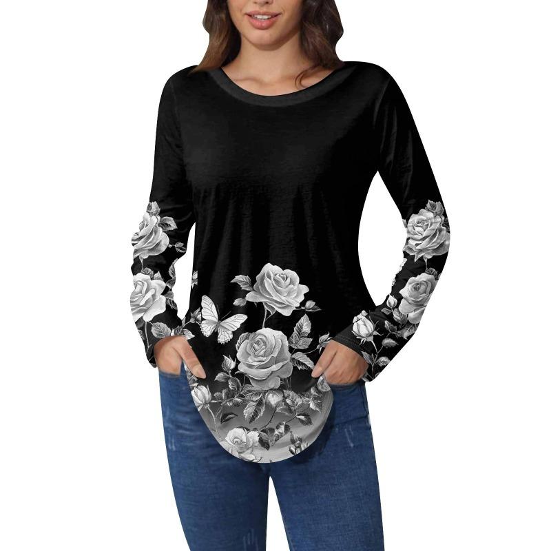 Shirts for Women Cute  Vintage Pattern Print T-Shirt Long Sleeve Tunic Tops Cotton Pullovers T-Shirts Women’s