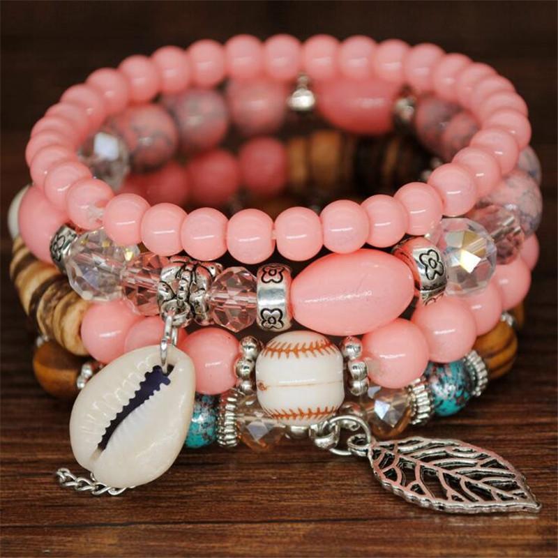 DIEZI Ethnic Tassel Crystal Beads Bracelets for Women Girls Gift Elastic Rope Shell Leaves Charm Wrap Bracelet pulseira feminina