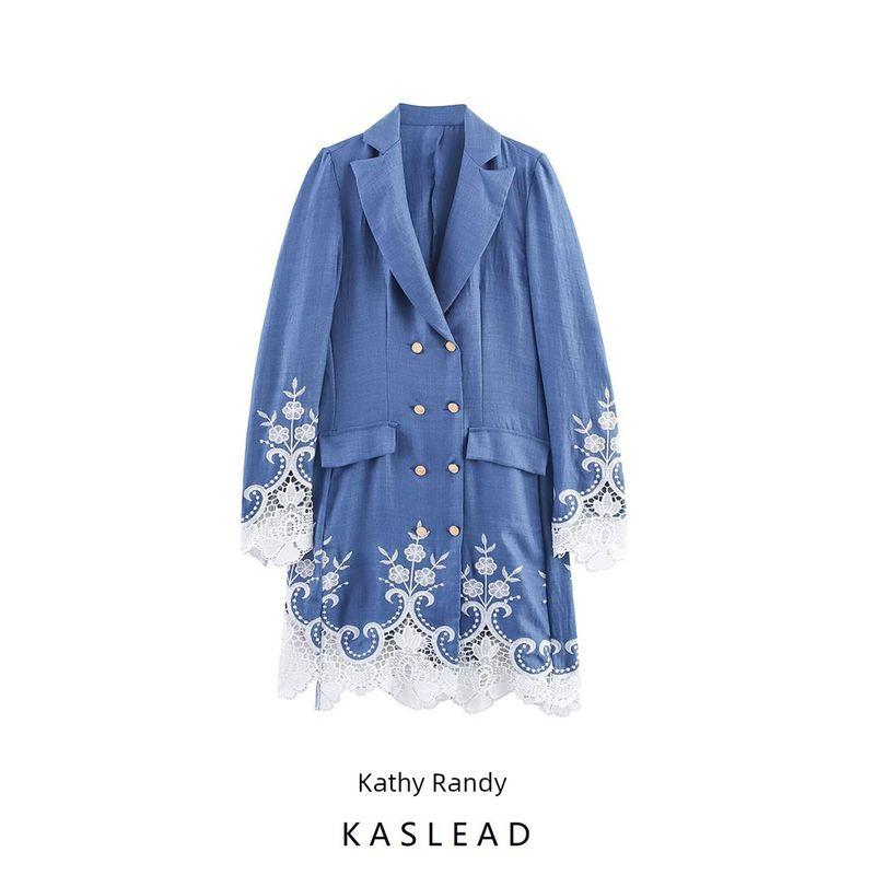 Kaslead New Women clothes Western Style Simple Hollow Embroidered Suit Collar Double Breasted Dress