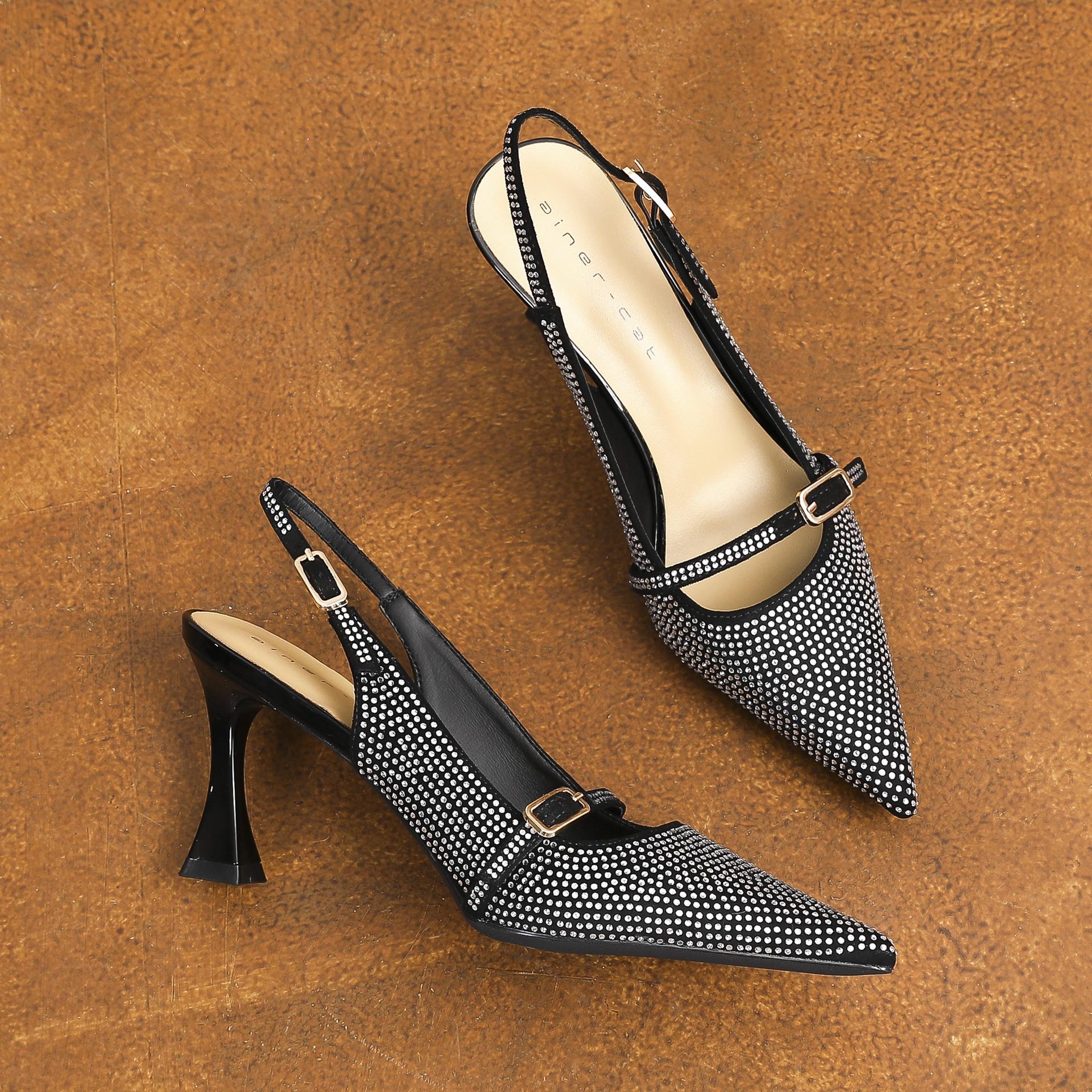 

73221 [sheepskin] high heels women s thin heels 2025 new pointed suede temperament rhinestone rear empty sandals 34