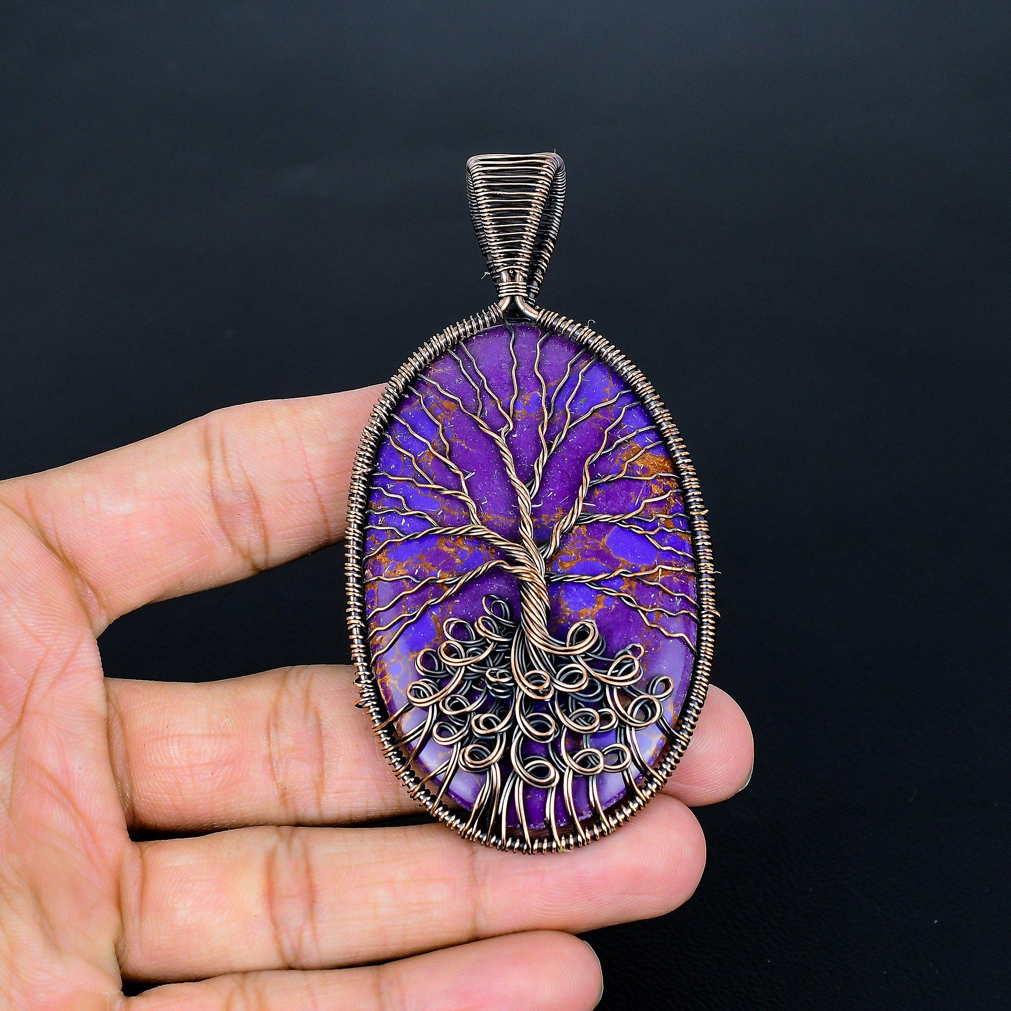 

Purple Copper Turquoise Pendant, Handmade Gemstone 999 Copper Wire Wrap Tree Of Life Pendant Antique Jewelry, For Gift Copper Jewelry 3.66 Inches фиолетовый