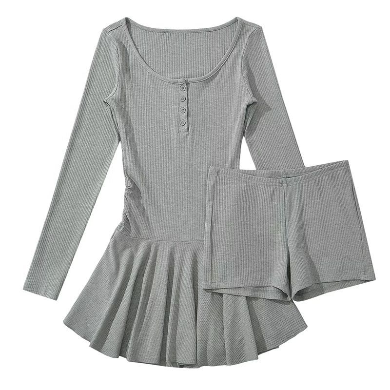 Sexy Pure Desire Ballet Style U-neck Waist Pleated Skirt Long-sleeved Dress Women's Summer High-waisted Shorts Two-piece Set