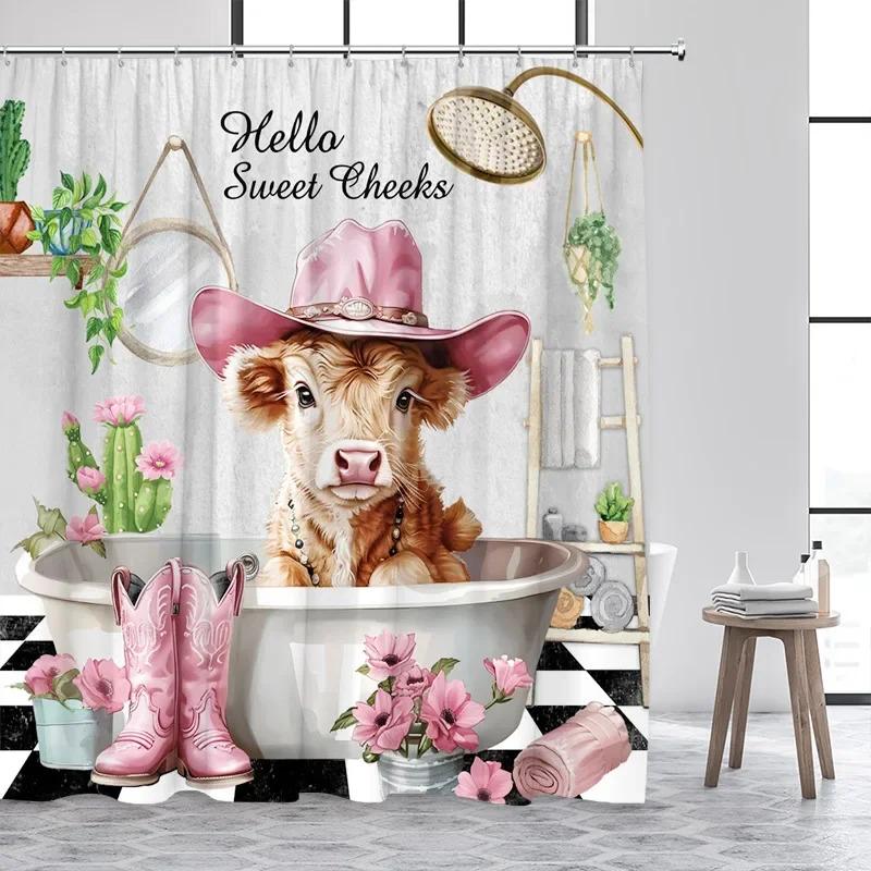 ZYJ01Bathing Highland Cattle Shower Curtains Funny Farm Animal Cactus Plant Pink Bath Curtain Set Polyester Bathroom Decor w7Dc