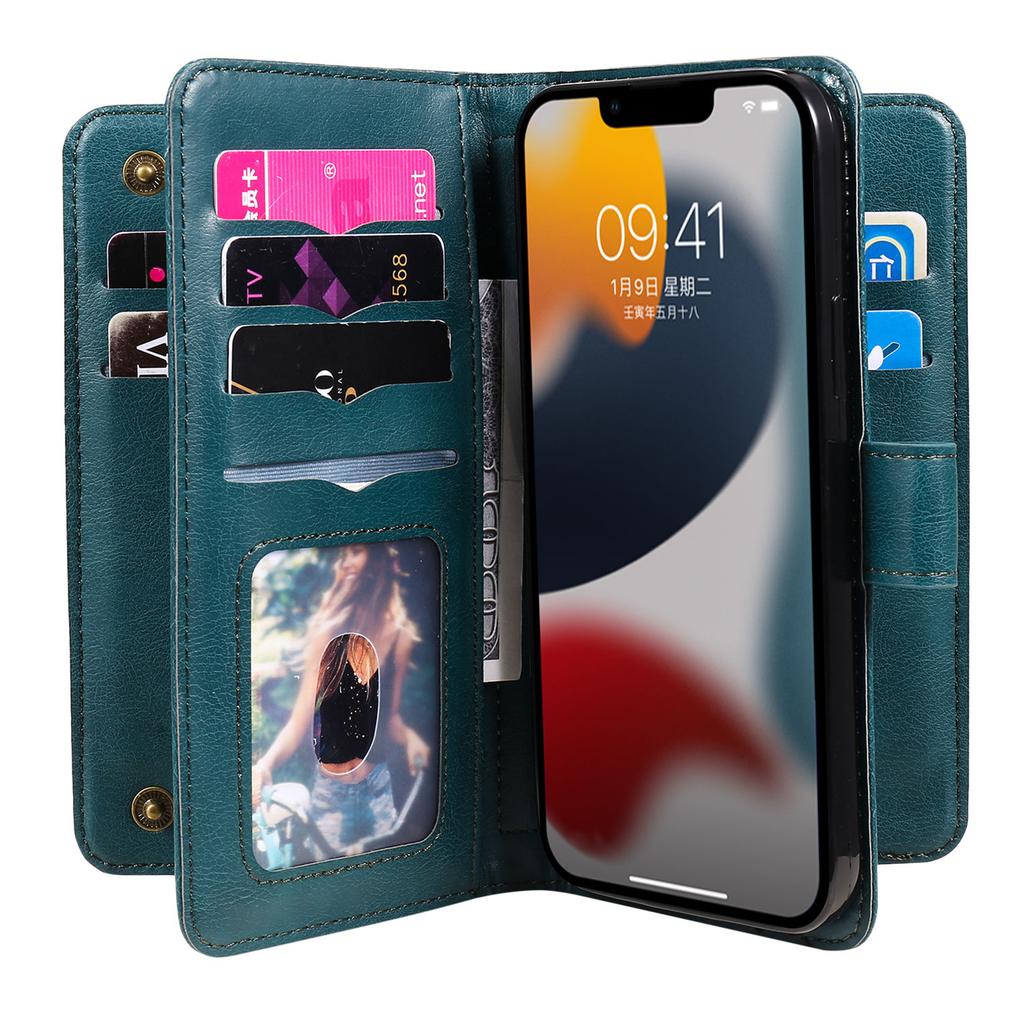 For iPhone 15 14 13 12 11 Pro Max Wallet Case[10 Card Slots]:Multi-Function,Flip Strap Zipper Card Holder Phone Case