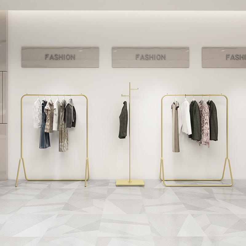 Gold Women's Clothing Display Stand - Floor-Standing Hanger Rack with Side Hooks
