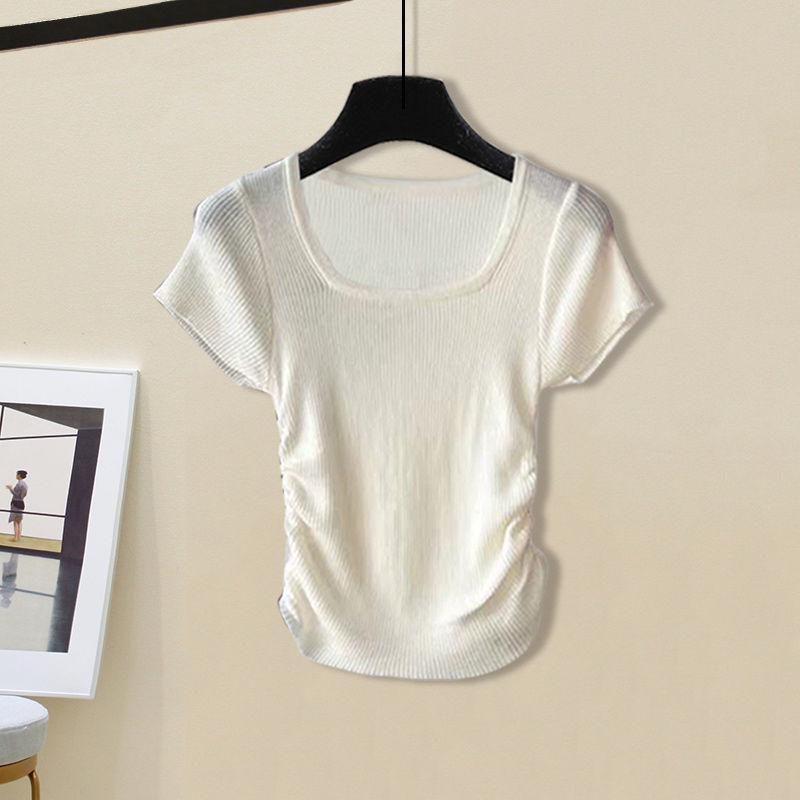 

Women s Summer Square Neck Pleated Waist Slimming Petite T-Shirt One Size [Premium Version] белый