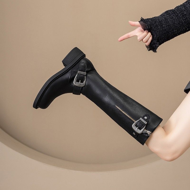 

Boots Women s retro British style long knight boots 2025 autumn and winter new fashion belt buckle high western boots 40 чорний