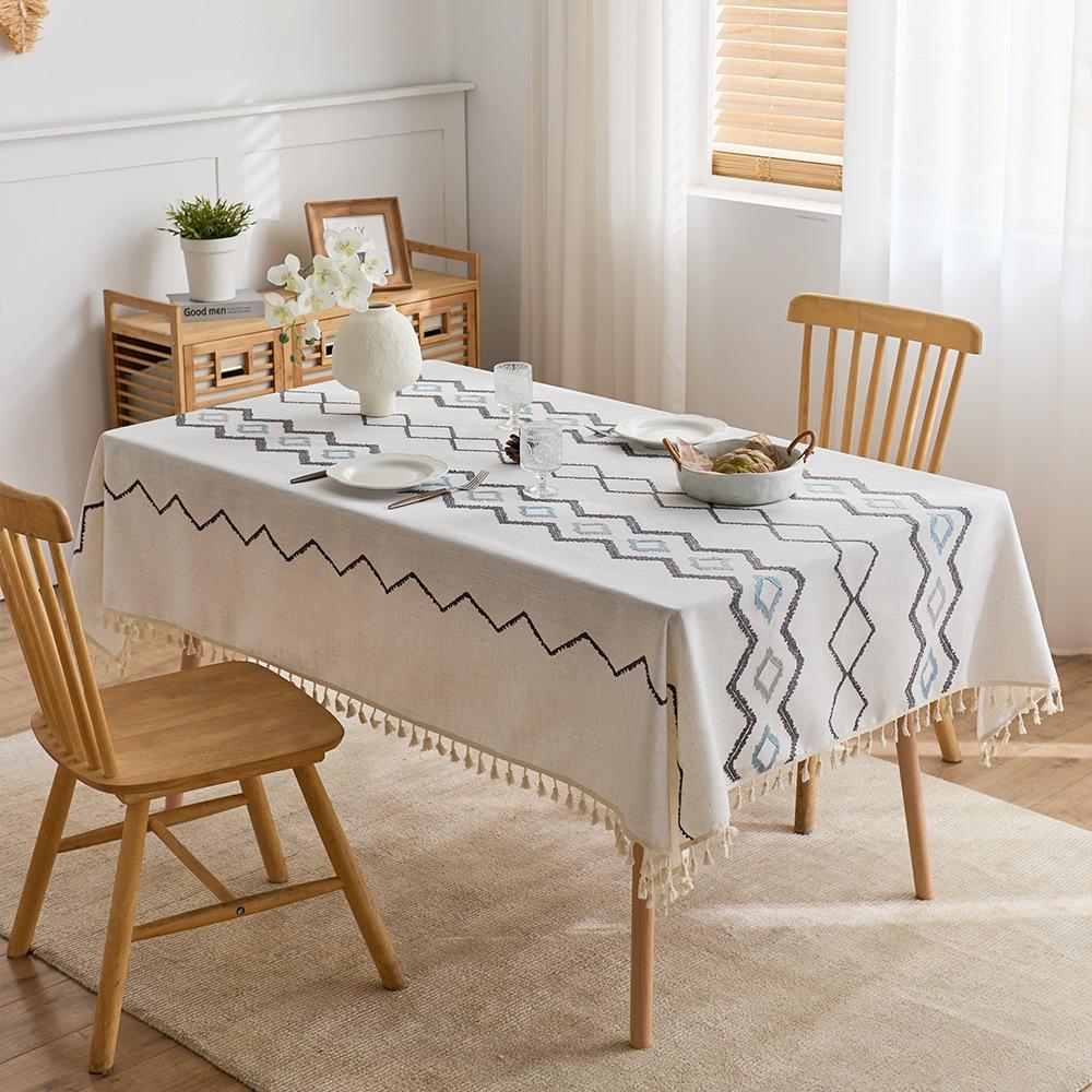 

High-grade embroidered dining table cloth, coffee table cotton and linen wind fabric, geometric pattern French embroidery, high-grade new tablecloth 80*120 серо голубой