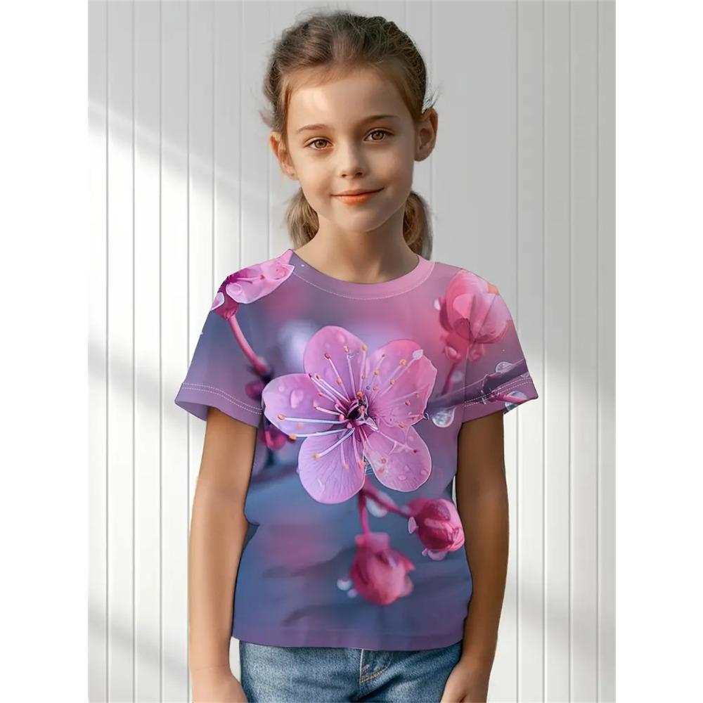 

Квітковий Повсякденний 3D-принт Модний Смішний Дівочі Футболки Літні Топи з коротким рукавом Футболка Повсякденні Футболки Дівочий одяг 110cm