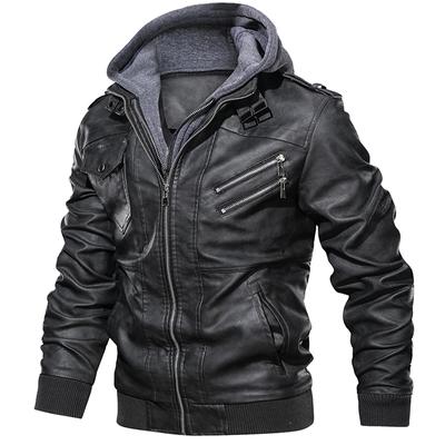 Men Leather Jacket Fashion PU Faux Leather Motorcycle Jacket with Removable Hood Autumn Winter Casual Biker Bomber Jacket EU Size
