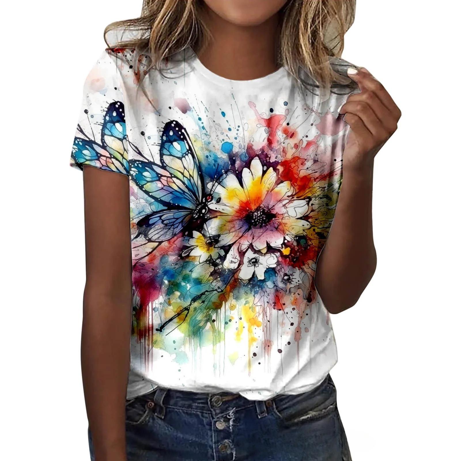 Summer Womens 3D Printed T-Shirt Butterfly Flower Pattern Fashionable Comfortable Soft Round Neck Short Sleeved T-Shirt S