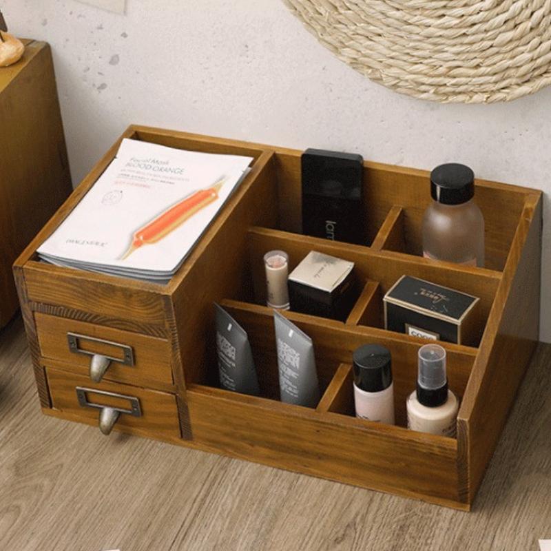 Solid Wood Large Desktop Wooden Cosmetics Storage Box Multi-Functional Desktop Creative Skin Care Product Organization Box