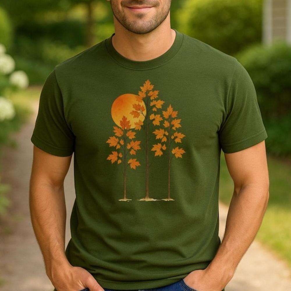 With Autumn Leaves Forest and Sunset TShirt Fall Nature Man Cotton Graphic T Shirts Vintage Aesthetic Unisex Shortsleev Tops
