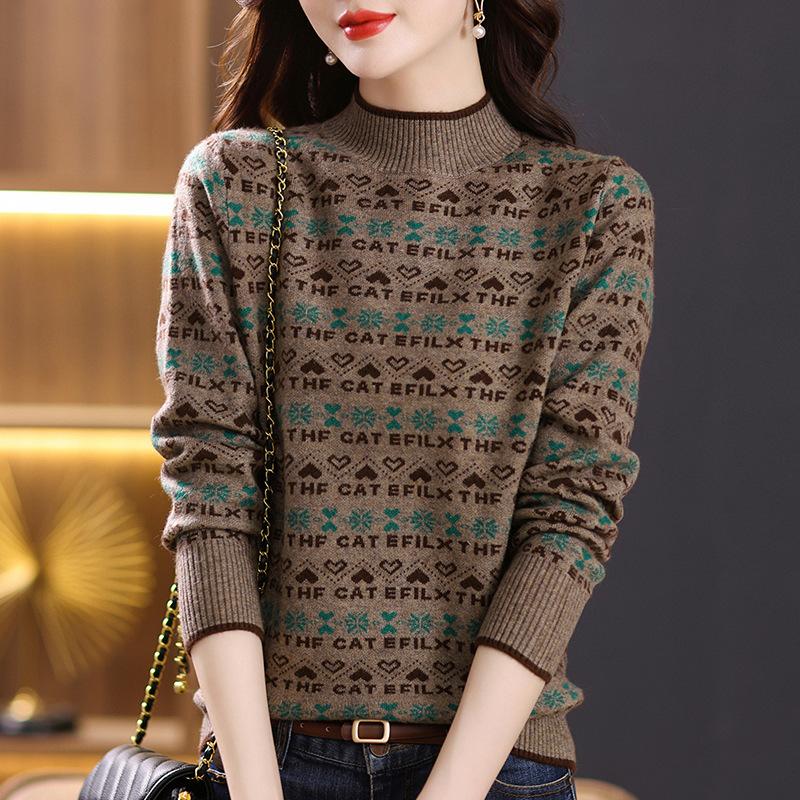 Women's Sweater Autumn and Winter Jacquard Casual Pullover Long-sleeved Loose Half Turtleneck Knitted Sweater