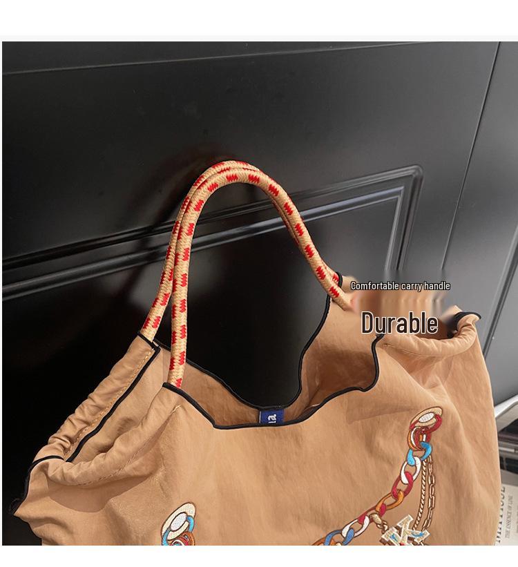 2026 Spring Japanese Style Eco-friendly Nylon Embroidered Tote - Large Capacity Casual Single Shoulder Bag for Women