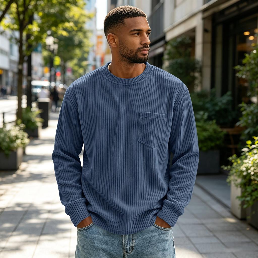 Men's Corduroy Long Sleeve Crewneck Top, Casual Athletic T-Shirt for Everyday Wear