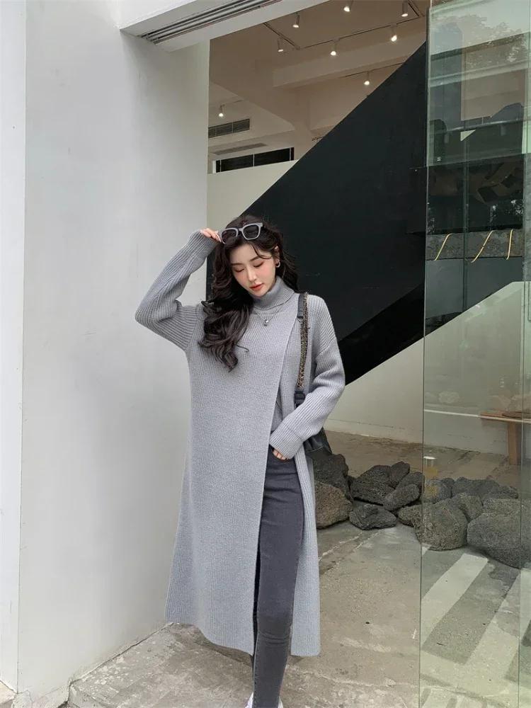Neu im Herbst Winter Damen Strickpullover Lange Kleider Hochgeschlossenes, geteiltes, lockeres Pulloverkleid Lässiger Temperamentpullover mit Kleidung der unteren Schicht