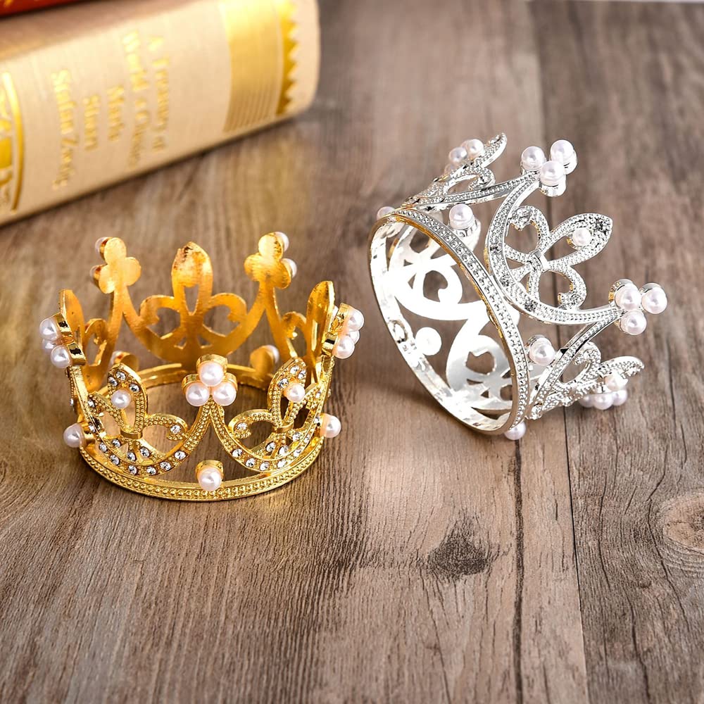 Itisyou Mini Crown Cake Topper Hair Ornament Hair Accessory, Gold and Silver, Set of 2