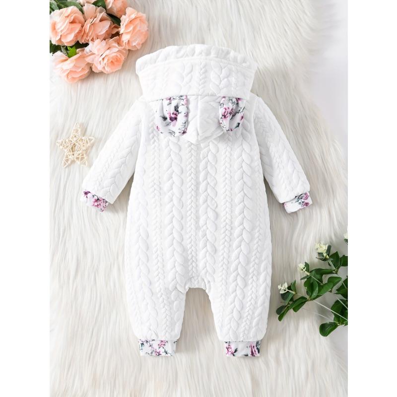 Adorable Floral Hooded Baby Girl Romper with Bunny Ears - Long Sleeve, Single-Breasted, Polyester Blend,Machine Washable - Perfect for Spring & Autumn