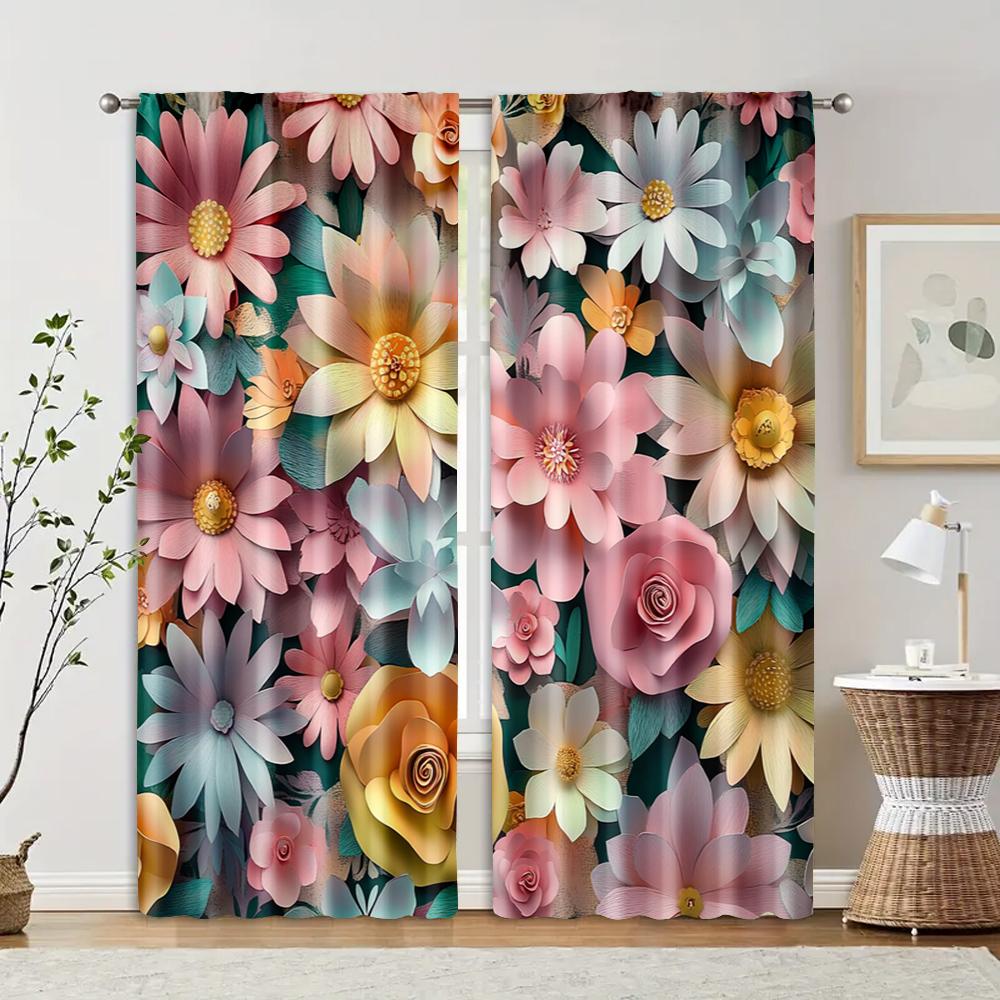 2pcs, Curtains&Drapes 2D Print Beautiful Purple and Pink Flowers Fabric (without Rod) Thermal Insulation, and Room Darkening