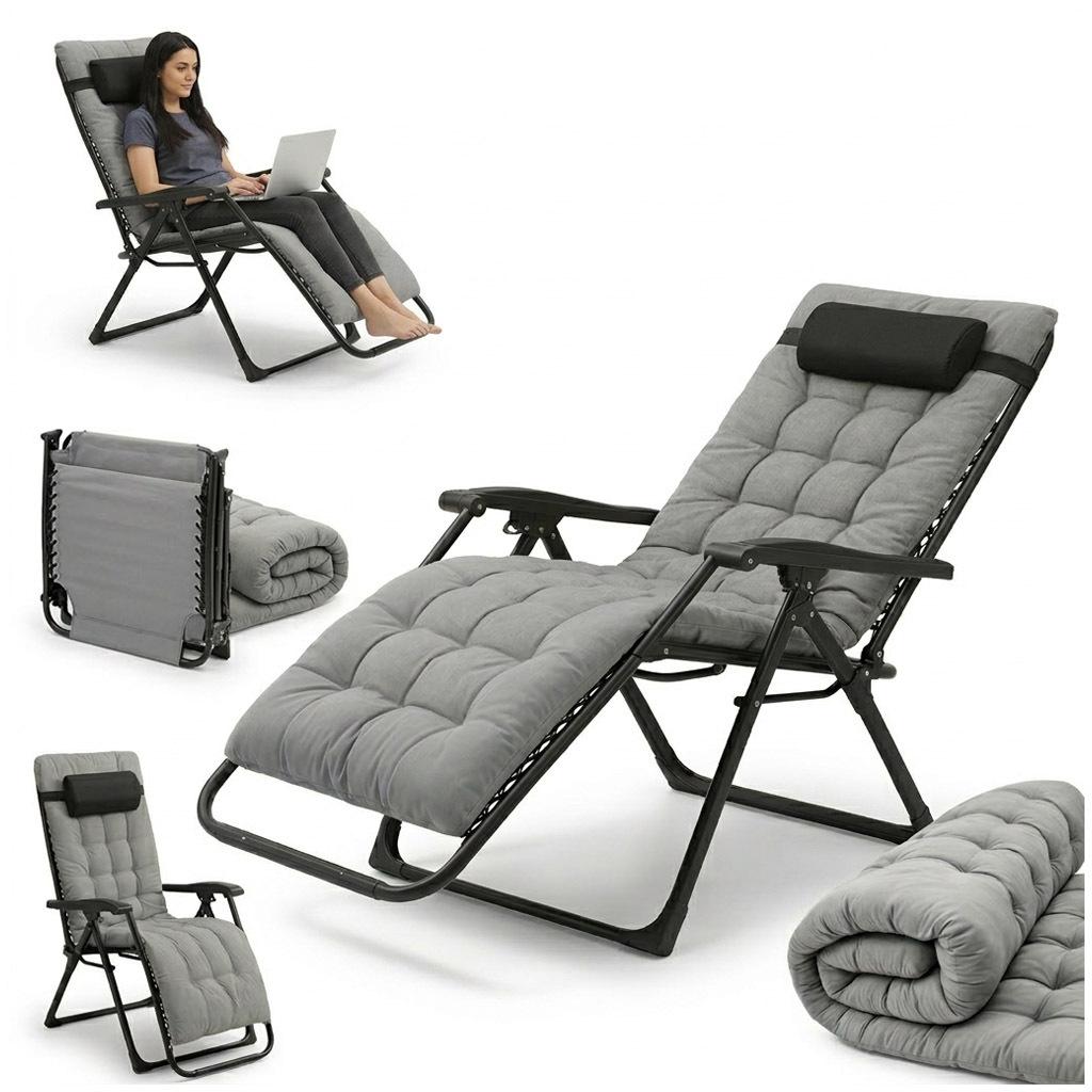 Black Metal Foldable Sun Lounger with Cushion Very Stable Up To 150kg