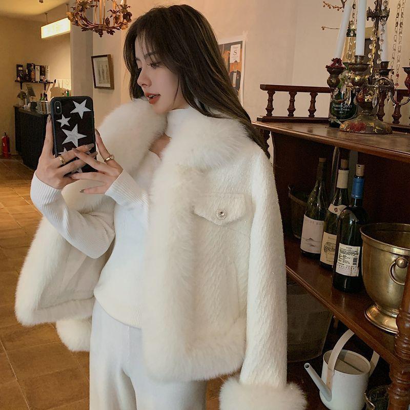 

Flashing Small Fragrance Leather Coat Women s Autumn and Winter New Tweed Imitation Fox Mao Mao Coat S слонова кістка
