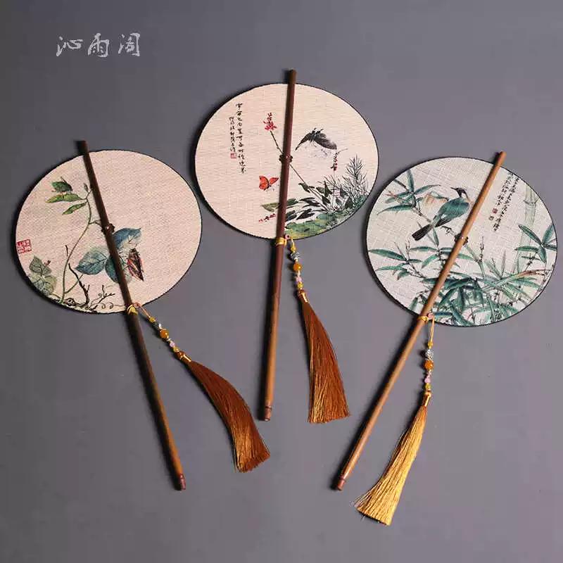 Handmade Waist Fan Antique Fan Han Chinese Clothing Cheongsam Rolling Long Handle Circular Fan Chinese Wind Long Tassel Double-Sided Old Bamboo