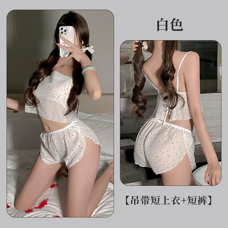 

Sexy floral halter chiffon suspender shorts set slit pure lace-up loungewear One size fits all
