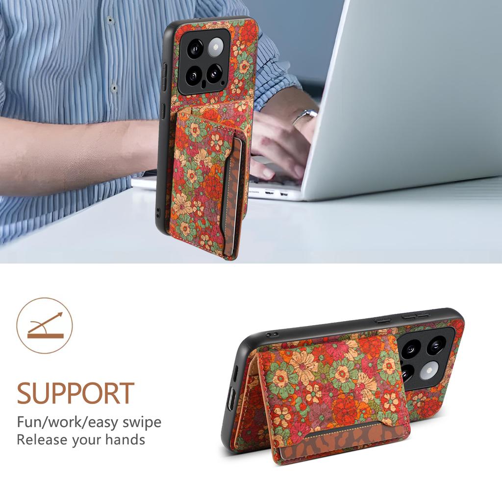For Xiaomi 14 Case Card Slot Kickstand PU Covered Hybrid Phone Shell Floral Pattern