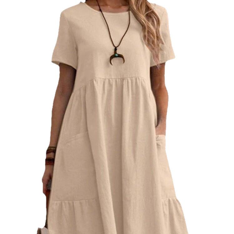 Vintage Cotton Linen Summer Dress With Pockets And Pleated Details For Women