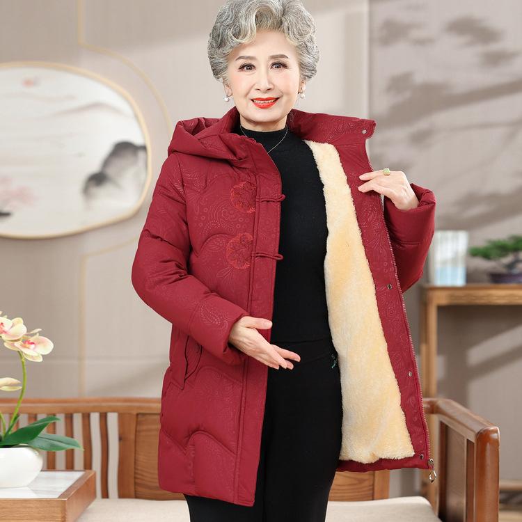 Winter Medium-length Cotton Jacket for Women Mothers Winter Clothes Plus Velvet Thickened Cotton Jacket Grandma New Year Cotton Jacket