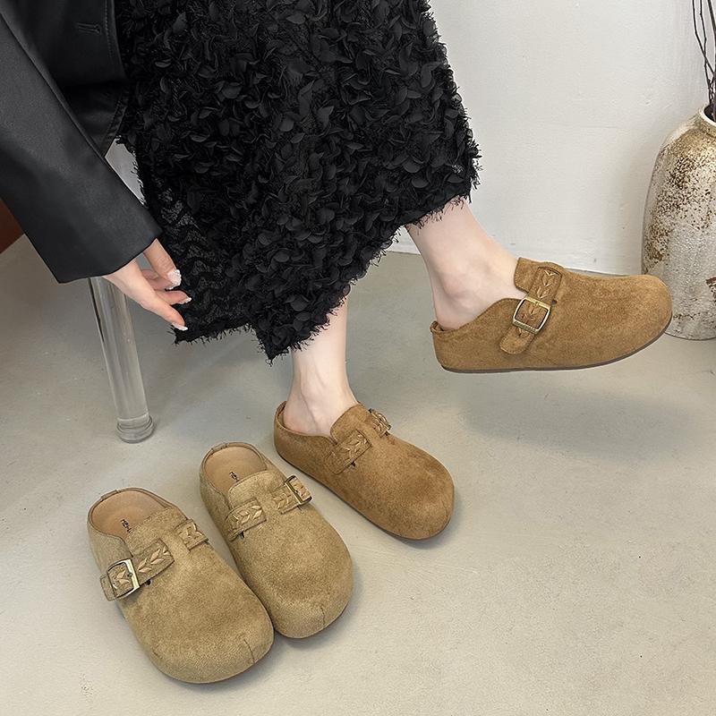 Fashion Embroidered Round-toe Shallow-mouth Metal Buckle Soft-sole Anti-slip Wear-resistant Flat-sole Wrapped-head Slippers