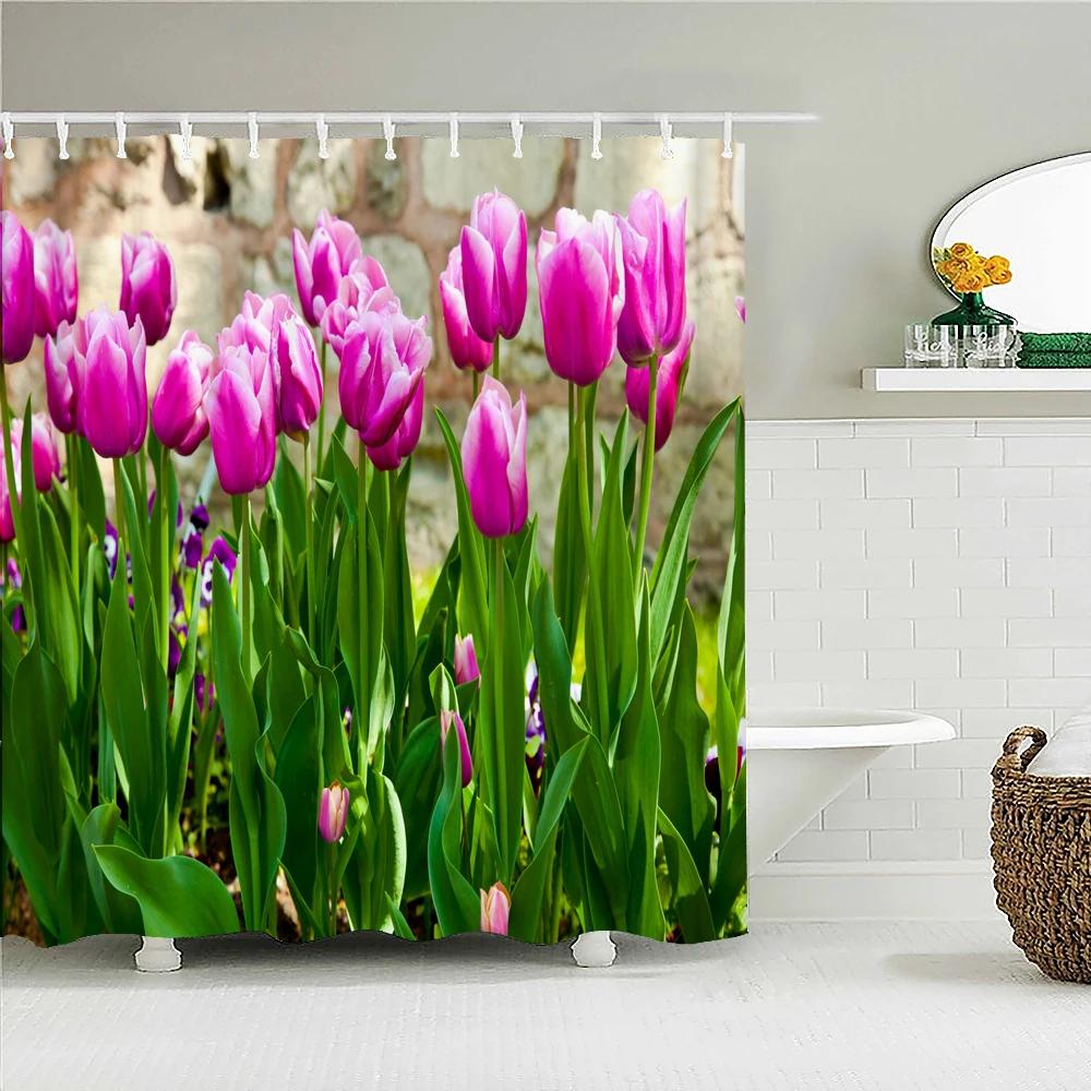 Colorful Tulip Flowers Shower Curtains 3D Beautiful Flower Print Bath Curtain Waterproof Fabric With Hooks Bathroom Decoration
