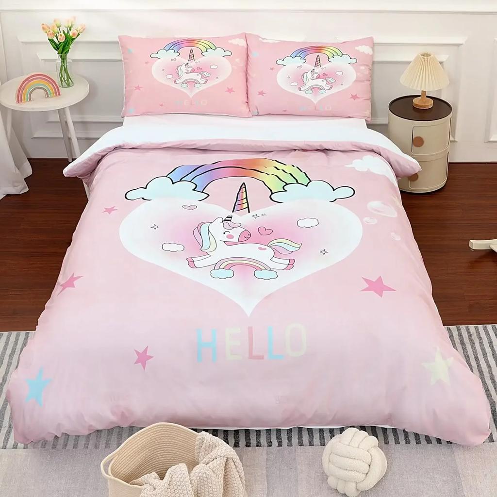 Jednorožec King Queen Povlak na přikrývku Kreslené zvíře Rainbow Universe Sada povlečení pro děti Teen Cosmic Starry Sky Polyester Povlak na přikrývku
