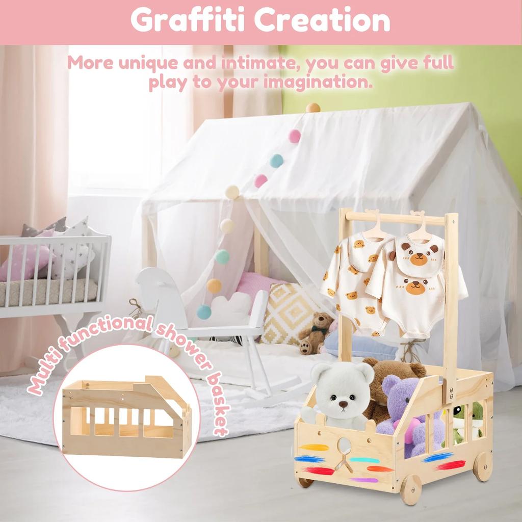 Wood Baby Shower Crate Closet with Wheels Bear Car Shape Baby Shower Basket with Portable Handle for Pregnancy New Parent Home
