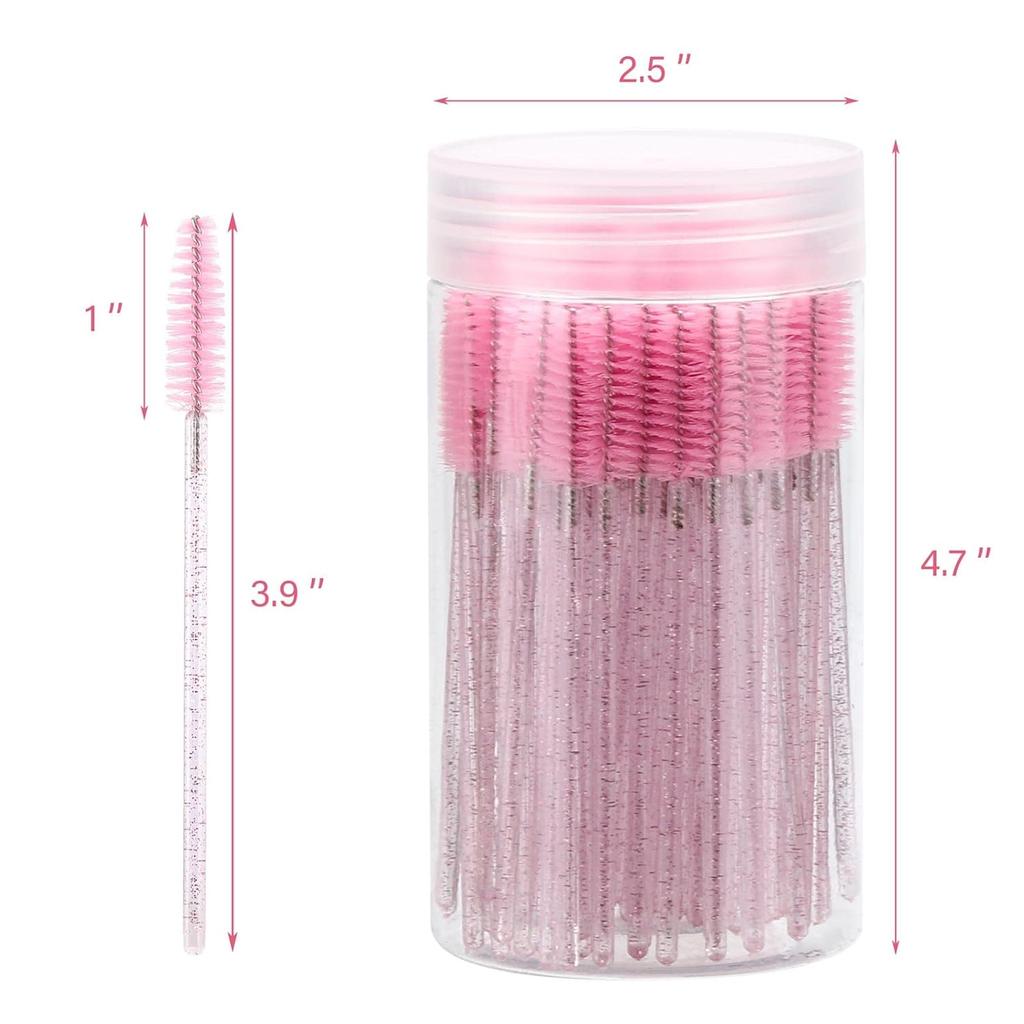 100 Pcs Disposable Mascara Wands & Crystal Eyebrow Spoolies Brush for Eyelash Extensions Pink Lash Brushes Container