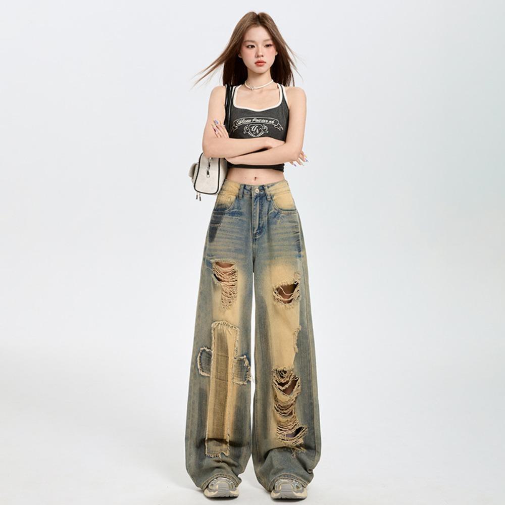 Women's High Waist Wide Leg Jeans Loose Fit Vintage Distressed Straight Pants for Summer Streetwear