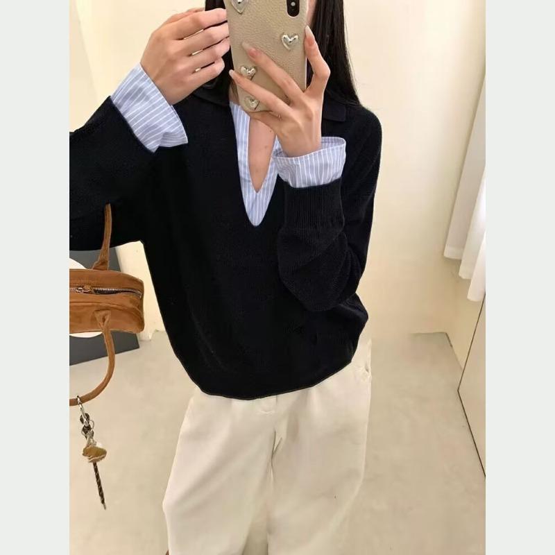 

Свитер женский осенне-зимний в стиле old money, с поло-воротником, полосатой вставкой, имитацией двух предметов, высококачественный базовый трикотажный свитер average size