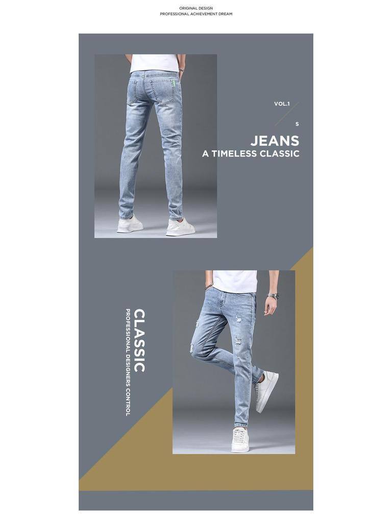 Men's Summer Light Ripped Slim Straight Jeans - Elastic, Casual, Thin, Korean Style.