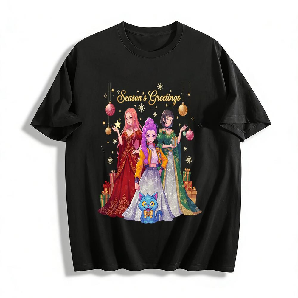 Season s Greetings Anime Girls Print Top Festive Cartoon Cat Pattern Casual Base Shirt Pure cotton T-shirt XXS