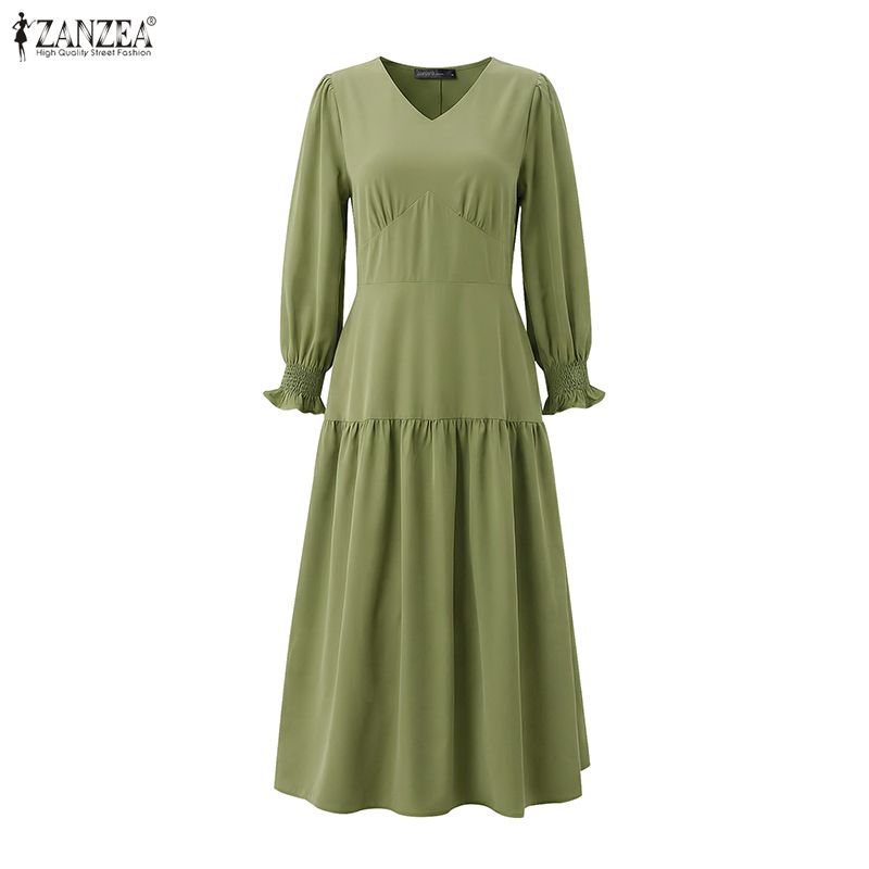 ZANZEA Women Casual V-Neck Solid Color Long Sleeve Dress