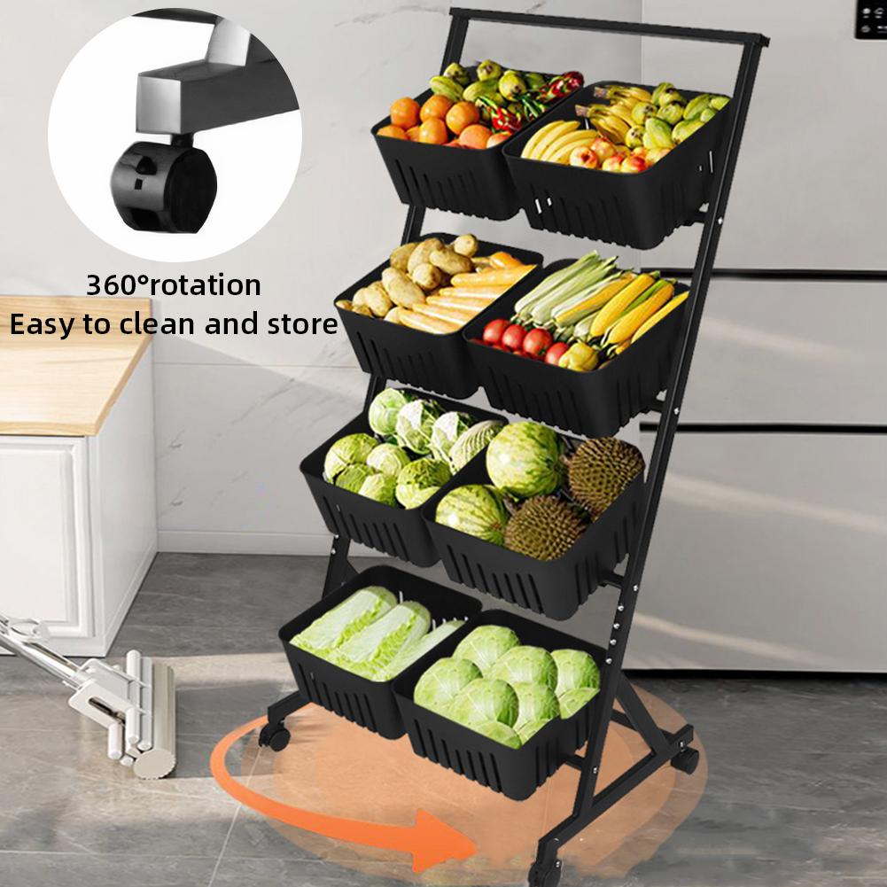 4-Tier Vegetable Storage Rack Fruit and Vegetable Basket with Rolling Wheels Fruit Basket Stand Cart for Kitchen Floor & Pantry