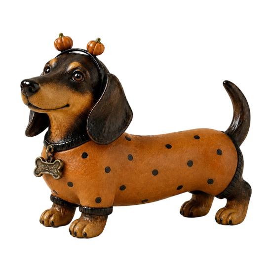 Cute Dog Figurines for Thanksgiving Fall Harvest Dachshund Figurine, Halloween Statue with Pumpkin Headband Polka Small Ornament Fireplace Dot Outfit,