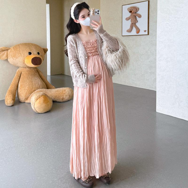 Chiffon Maternity Camisole Dress & Knit Cardigan Set - 2026 L