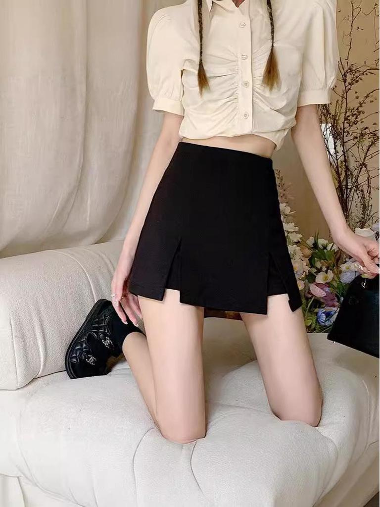 2024 Summer Women's High Waist Black A-Line Slit Culottes Skirt