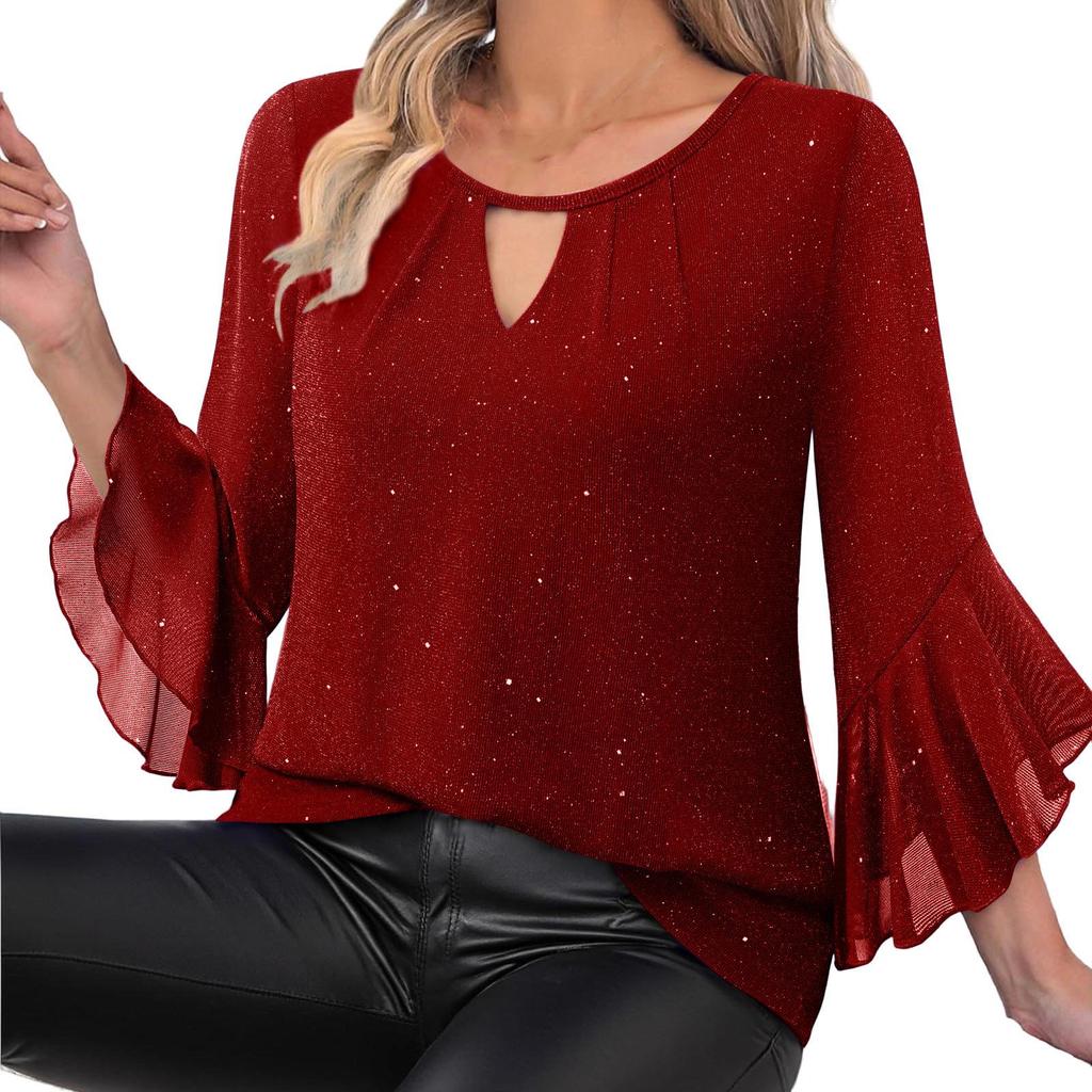 Women's Elegant Ruffled Shiny Stamped Seven-Sleeve Double Layer Mesh Top