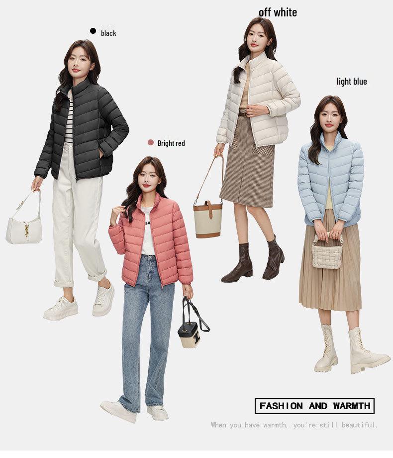 2024 Women's Slim Fit Lightweight Down Jacket - Autumn/Winter, Short, 90% White Duck Down, Stand Collar, Korean Style, Plus Size Available.