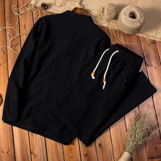 2 Pcs/Set Men Top Pants Suit Stand Collar Long Sleeve Elastic Waist Beaded