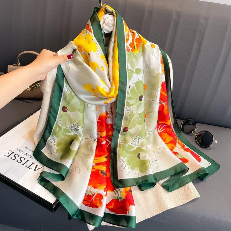 Spring and Summer Thin Silk Scarf High-end Printed Long Scarf New Satin Travel Sunscreen Scarf National Style Cloak
