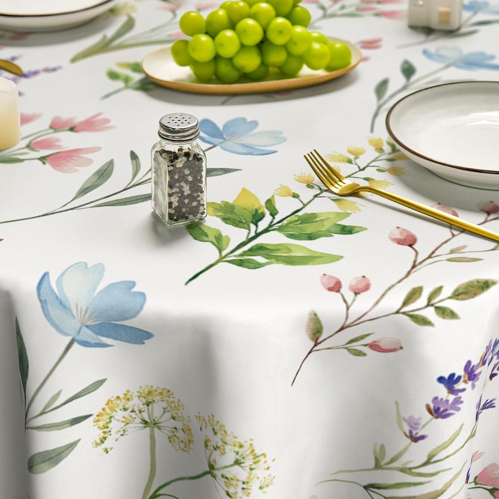 Horaldaily Spring Tablecloth 70×70 Inch Round, Wildflowers Floral Herbs Elegant Washable Table Cover for Party Picnic Dinner Decor